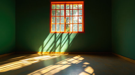 A child bedroom window with sunlight streaming through, casting shadows on the floor with space for text.の素材