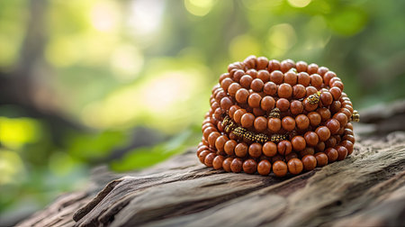 Traditional Jain mala beads in a peaceful setting, no people, calm background, ample copy space -の素材