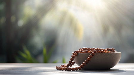 Traditional Jain mala beads in a peaceful setting, no people, minimalistic background, copy spaceの素材