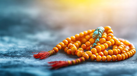 Traditional Hindu prayer beads (japa mala) with space for text on a soft background. Meditation aid.の素材