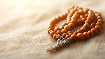 Traditional Hindu prayer beads (japa mala) with space for text on a soft background. Meditation aid.の素材