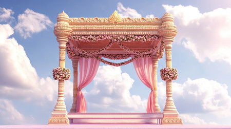 Traditional Hindu wedding mandap with space for text in the sky. Sacred marriage ceremony.の素材
