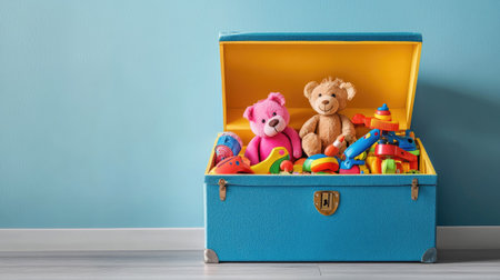 A child toy chest with the lid open, revealing colorful toys inside, with space for text on the chest.の素材