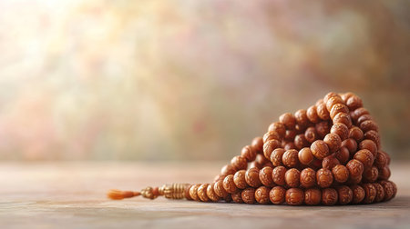 Traditional Hindu prayer beads (japa mala) with space for text on a soft background. Meditation aid.の素材