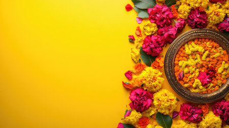 Vibrant Hindu festival decorations with space for text. Celebration of culture and tradition.の素材