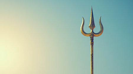 Trishul (trident) against a clear sky, with space for text below. Symbol of Lord Shiva.の素材