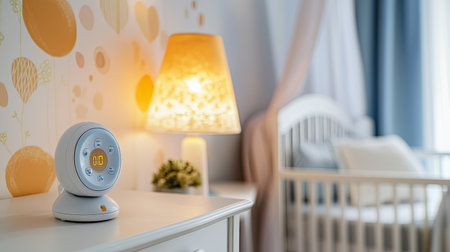 A close-up of a baby monitor on a nursery nightstand, with space for text on the clear wall background.の素材