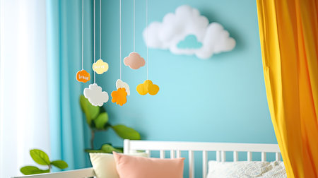 A colorful mobile hanging over a crib, with space for text in the sky or on the crib blanket.の素材