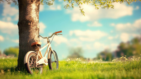 A child bicycle leaning against a tree in a park, with space for text on the grass or sky.の素材