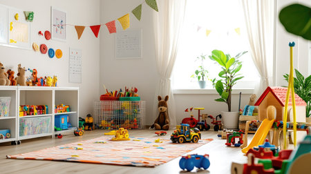 A bright, clean child playroom with scattered toys, leaving plenty of space for text on the open floor.の素材