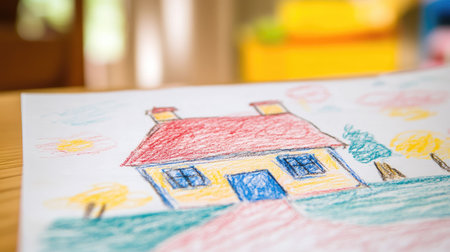 A close-up of a child drawing of a house, with space for text on the clear part of the paper.の素材