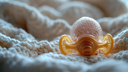 A close-up of a baby pacifier on a soft blanket, with space for text on the blanket or background.の素材