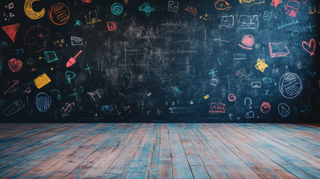 A chalkboard with childlike doodles, leaving a large area of the board clean for text. Perfect for educational content.の素材