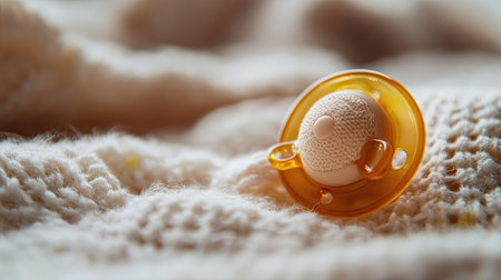 A close-up of a baby pacifier on a soft blanket, with space for text on the blanket or background.の素材