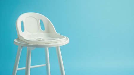 A simple, clean child high chair with a bib and spoon, with space for text on the tray or background.の素材