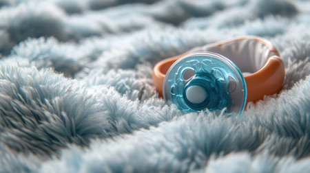 A close-up of a baby pacifier on a soft blanket, with space for text on the blanket or background.の素材