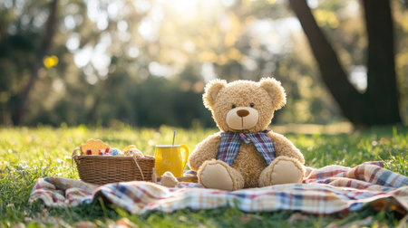 A child teddy bear picnic setup, with space for text on the picnic blanket or surrounding grass.の素材