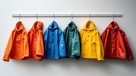 A row of children's raincoats hanging on hooks, with space for text on the wall above. Bright and cheerful.の素材