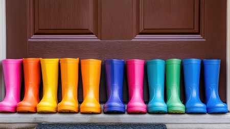 A row of brightly colored rain boots by the door, with space for text above the boots. Playful and inviting.の素材
