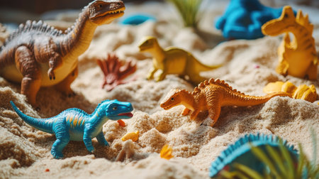A child sandbox with toy dinosaurs partially buried, with space for text in the sand or sky area. )の素材
