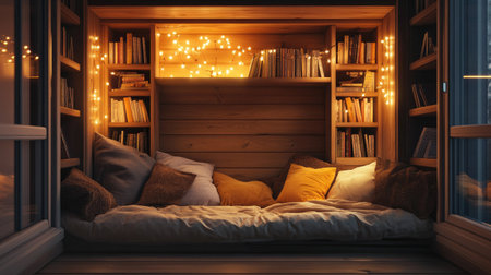 A cozy children's reading nook with books, pillows, and soft lighting. Blank wall space for text. Warm, inviting atmosphere.の素材