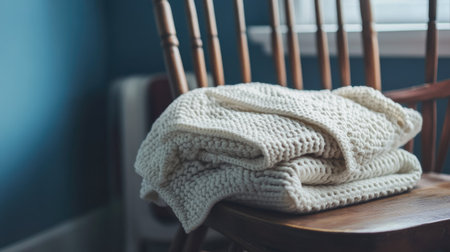 A soft, knitted baby blanket folded on a rocking chair, with space for text on the blanket or nearby surface.の素材
