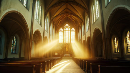 Empty church nave with sunlight filtering through, no people, peaceful setting, copy spaceの素材