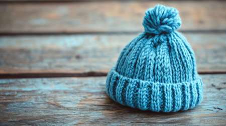 A soft, knitted baby hat on a wooden table, with space for text on the surrounding surface.の素材