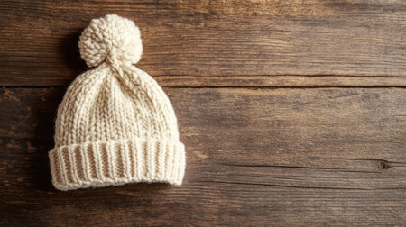 A soft, knitted baby hat on a wooden table, with space for text on the surrounding surface.の素材
