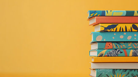 A stack of children's books with whimsical covers, with ample space for text above or below the stack.の素材