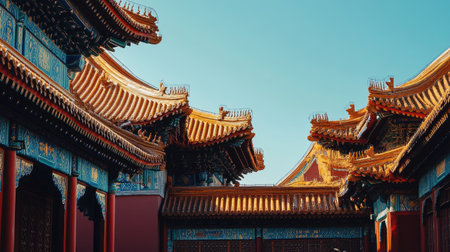 Traditional Chinese architecture with pagodas and ornate roofs. No people, clear blue sky.の素材