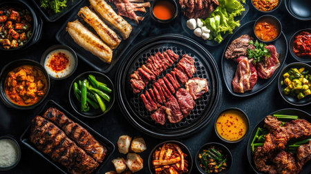 Top view of a traditional Korean BBQ spread with various grilled meats and side dishes. Copy space.の素材
