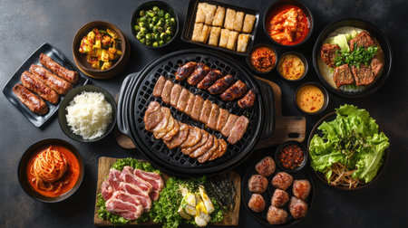 Top view of a traditional Korean BBQ spread with various grilled meats and side dishes. Copy space.の素材