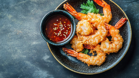 Top view of a crispy serving of Korean shrimp tempura with dipping sauce. Copy space.の素材