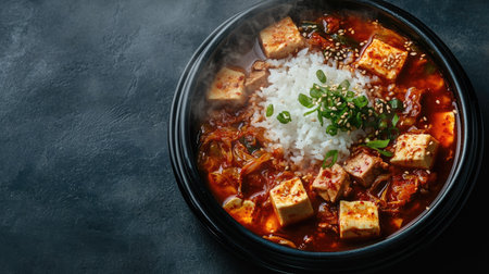 Top view of a steaming bowl of spicy kimchi jjigae with tofu and pork, served with rice. Copy space.の素材