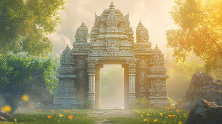 Traditional Hindu temple gateway with space for text on a serene background. Entrance to spirituality.の素材