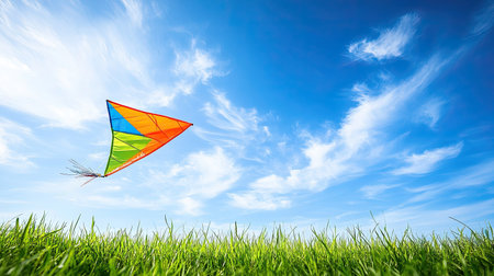 A colorful child kite flying high in the sky, with space for text in the sky or on the grass.の素材