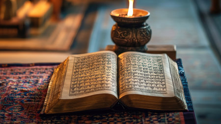 Traditional Jain prayer book open on a simple altar, no people, minimalistic background, copy spaceの素材