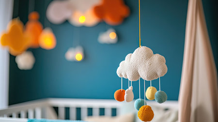 A colorful mobile hanging over a crib, with space for text in the sky or on the crib blanket.の素材