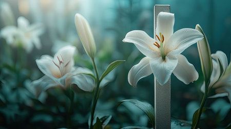 Cross with Easter lilies in soft light, no people, peaceful atmosphere, ample space for textの素材