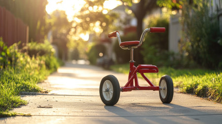 A child tricycle parked on a sunny sidewalk, with space for text on the clear pavement.の素材