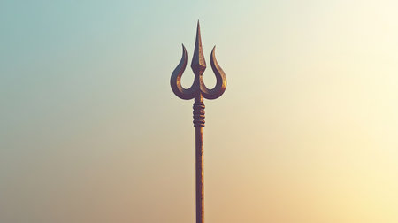 Trishul (trident) against a clear sky, with space for text below. Symbol of Lord Shiva.の素材