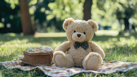 A child teddy bear picnic setup, with space for text on the picnic blanket or surrounding grass.の素材