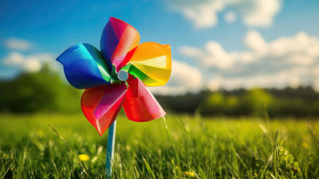 A colorful pinwheel toy spinning in the wind, with space for text in the sky or grass background.の素材