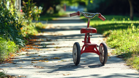 A child tricycle parked on a sunny sidewalk, with space for text on the clear pavement.の素材