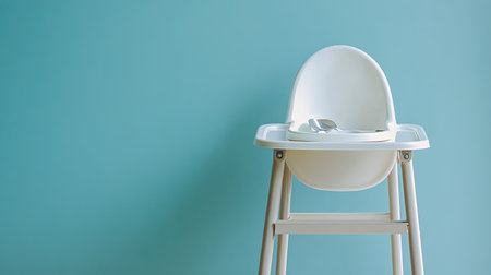 A simple, clean child high chair with a bib and spoon, with space for text on the tray or background.の素材