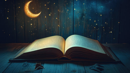 A child bedtime storybook opened to a blank page, with space for text on the open page.の素材