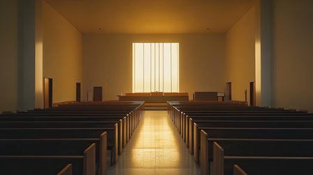 Empty chapel interior with rows of pews, soft lighting, no people, ample copy spaceの素材