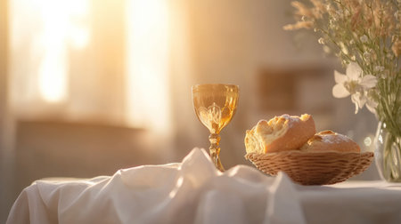 Communion chalice and bread on an altar, soft light, no people, tranquil background, ample space for textの素材