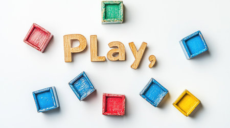 A set of building blocks spelling out "Play," with space for text on the surrounding white background.の素材